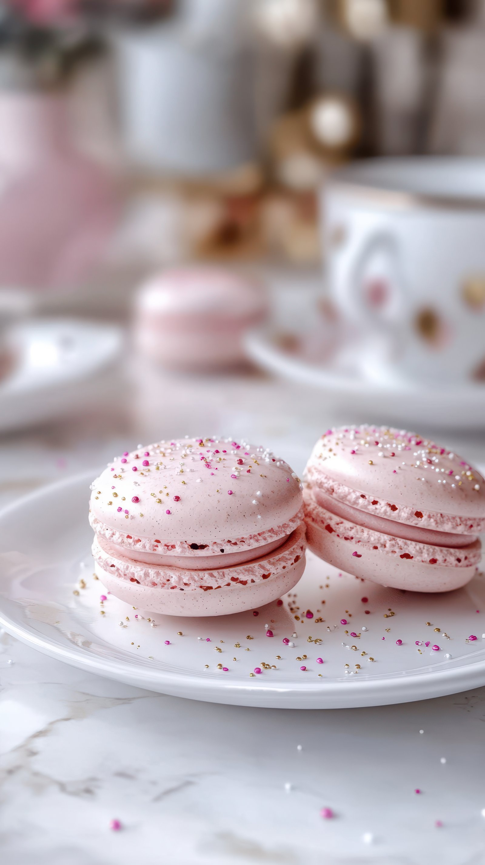Pink macarons with sprinkles placed on a white plate in a cozy setting during afternoon tea